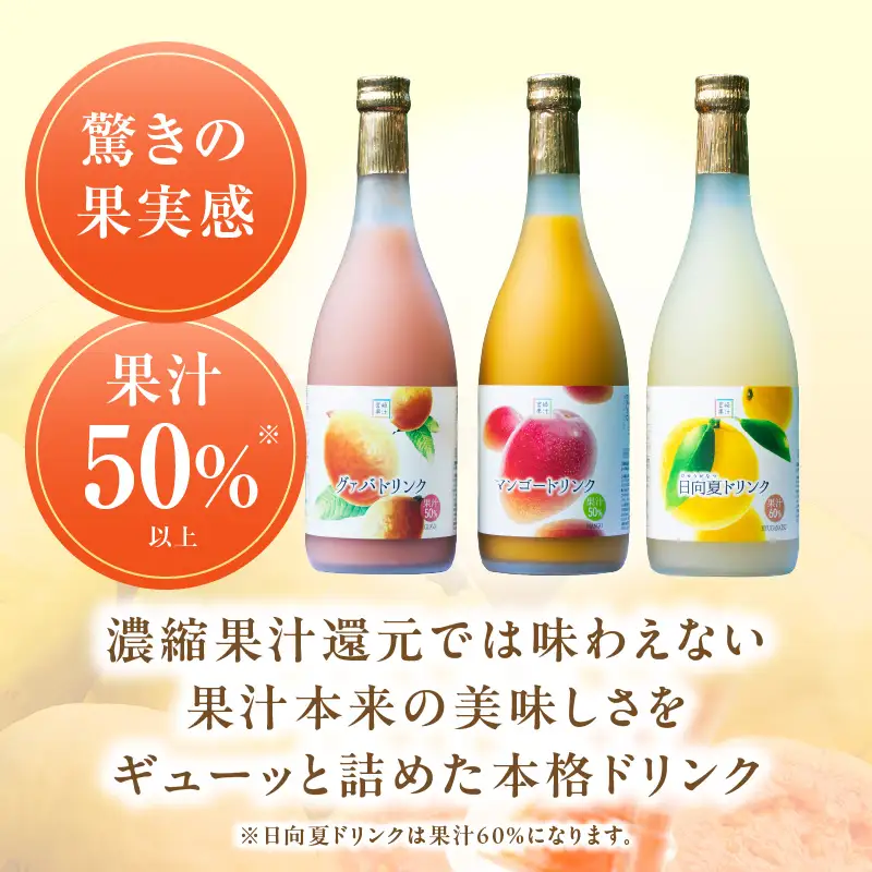 驚きの果実感！トロピカルフルーツドリンク(合計3本・各720ml、マンゴー、グァバ、日向夏) フルーツ 果物 ジャム_K021-002