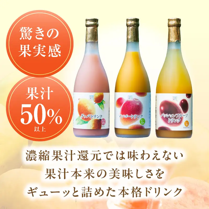 驚きの果実感！トロピカルフルーツドリンク(合計6本・3種各720ml×2本、マンゴー・グァバ・パッションフルーツ) 果物 ドリンク 飲み物_K021-004