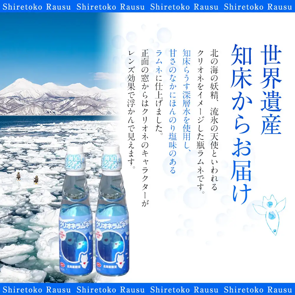 クリオネラムネ 深層水 世界自然遺産 北の海の妖精 流氷の天使 キャラクター 北海道 知床 羅臼 炭酸 炭酸飲料 瓶 塩 ジュース 清涼飲料水 