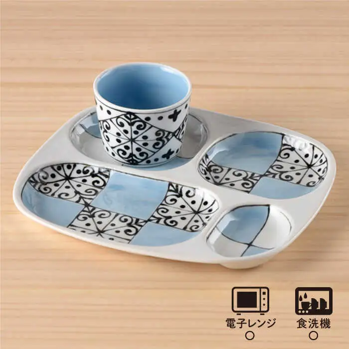【波佐見焼】おつまみ プレート・ミニカップ ペアセット 「市松」ブルー 食器 皿 【大新窯】 [DC53]  波佐見焼