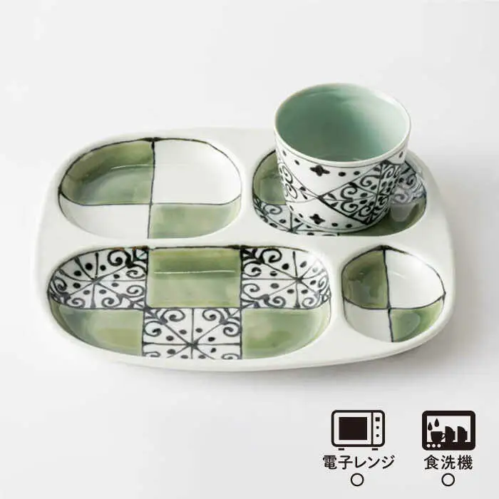 【波佐見焼】おつまみ プレート・ミニカップ ペアセット「市松」 グリーン 食器 皿 【大新窯】 [DC54]  波佐見焼