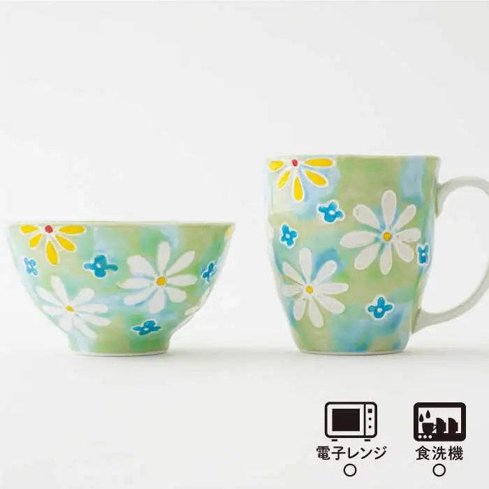 【波佐見焼】「フラワーガーデン」茶碗・マグカップ セット（グリーン） 食器 皿 【大新窯】 [DC61]  波佐見焼
