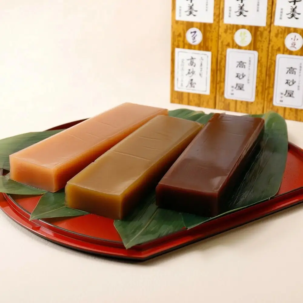 15-395 紋別銘菓「渚滑川羊羹」３棹（小豆・挽茶・ワイン各１棹）
