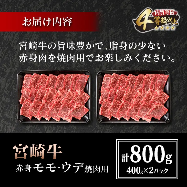 宮崎牛 赤身 モモ ウデ 焼肉 セット 計800g 牛肉 ビーフ 黒毛和牛 国産 ブランド牛 赤身肉 おすすめ おもてなし BBQ バーベキュー グランピング 鉄板焼き ご褒美 お祝い 記念日 詰め合わせ お取り寄せ グルメ 4等級以上 A4ランク以上 宮崎県 日南市 送料無料_DC28-25