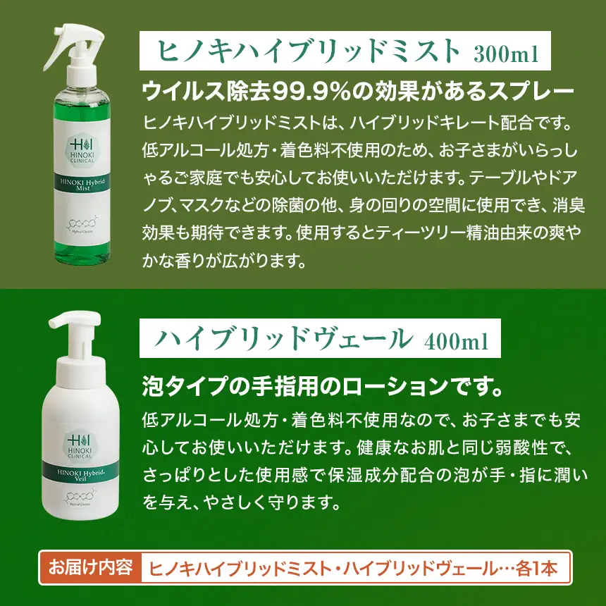 室内用ミストスプレー ヒノキハイブリットミスト（300ml×1本）＆泡状ハンドローション ハイブリッドヴェール（400ml×1本）
