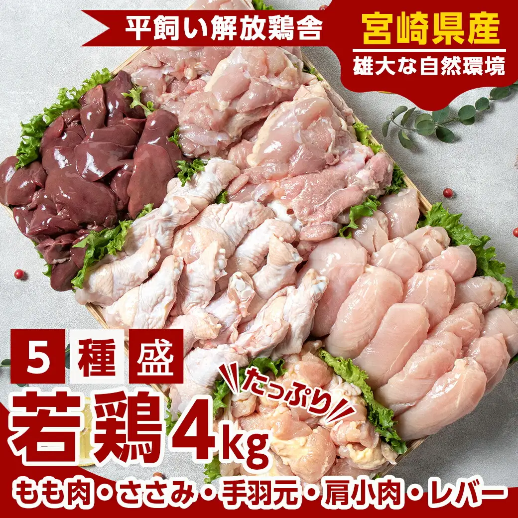 宮崎県産若鶏 5種盛4kgセット〔AA-G302〕_(都城市) 鶏肉 モモ ささみ 手羽元 各1kg 肩小肉 レバー 各500g 冷凍
