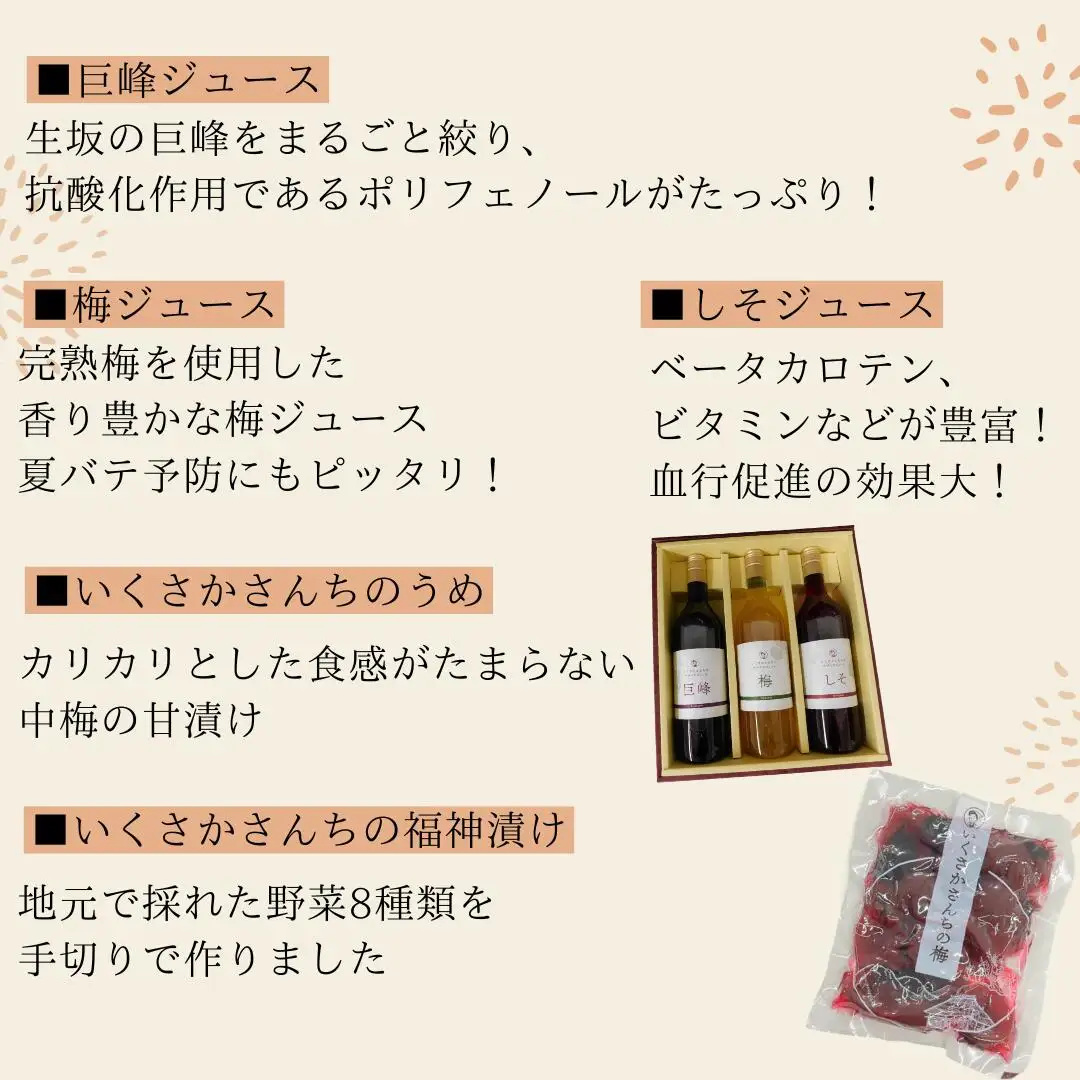 かあさん家 豪華詰合せセット (巨峰・梅ジュース 漬物 おからクッキー お菓子)  生坂村農業公社 | 豪華詰合せセット