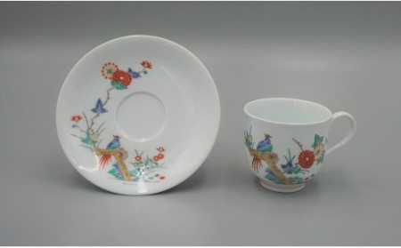 柿右衛門窯作 珈琲碗（丸形）絵変わり（牡丹鳥文・菊鳥文）2客組 af009