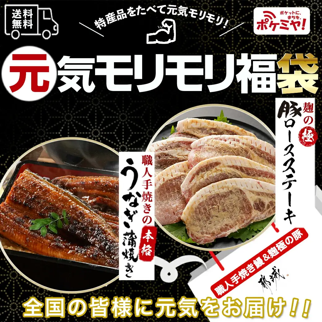 【元気モリモリ福袋】職人手焼きうなぎ蒲焼き2尾＆豚ロースステーキ6枚〔AC-3305〕_(都城市) 豚肉 鰻 国産 うなぎの蒲焼 2尾 タレ付き 麹味噌漬け豚ロース肉 6枚