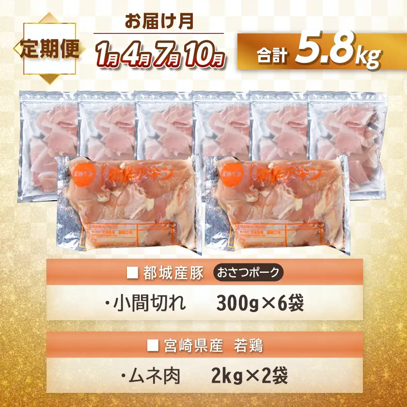 大容量！隔月5回お届け！「おさつポーク」と宮崎県産若鶏定期便〔T85（5）-1403〕_(都城市) 隔月 5回お届け おさつポーク 豚肉 県産若鶏 鶏肉 業務用 毎回5kg以上 冷凍
