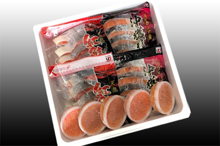 甘塩紅鮭5切×10P、甘塩沖獲れ鮭5切×10P、いくら醤油漬け100g×5P E-36002