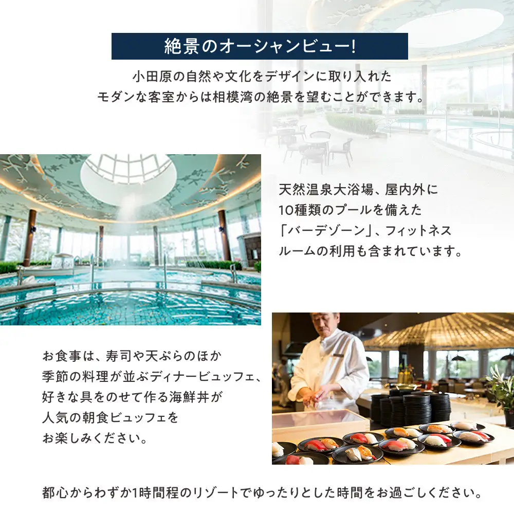 【チケット有効期限延長！】ヒルトン・スーペリア・ツインルーム宿泊プラン　1泊夕朝食付き　平日　＜1組2名様＞★オーシャンビュー！天然温泉大浴場、プール施設利用含む【オーシャンビュー フィットネス 天然温泉大浴場 バーデゾーン ヒルトン 神奈川県 小田原市 】
