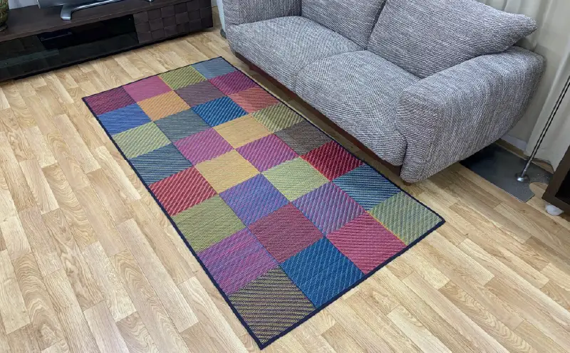 福岡 花ござ DXカラフルブロック 95×150cm（ブルー/グレイ/グリーン）カーペット ラグ