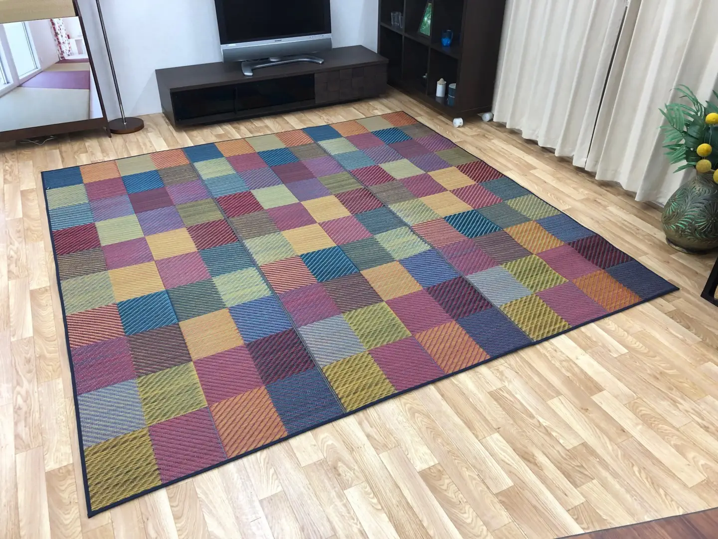 福岡 花ござ DXカラフルブロック 191×191cm（ブルー/グレイ/グリーン） カーペット ラグ