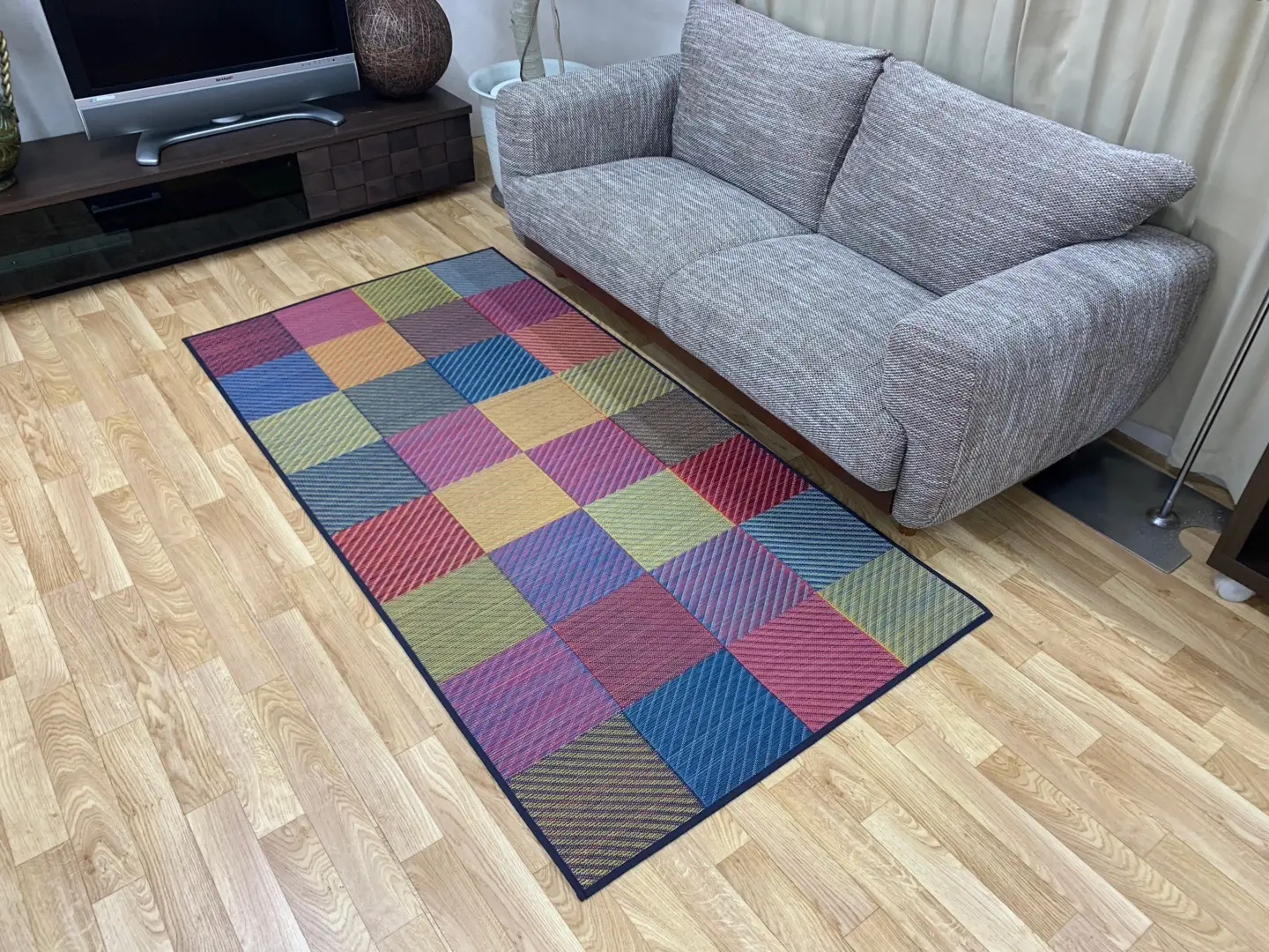 福岡 花ござ DXカラフルブロック 191×250cm（ブルー/グレイ/グリーン） カーペット ラグ