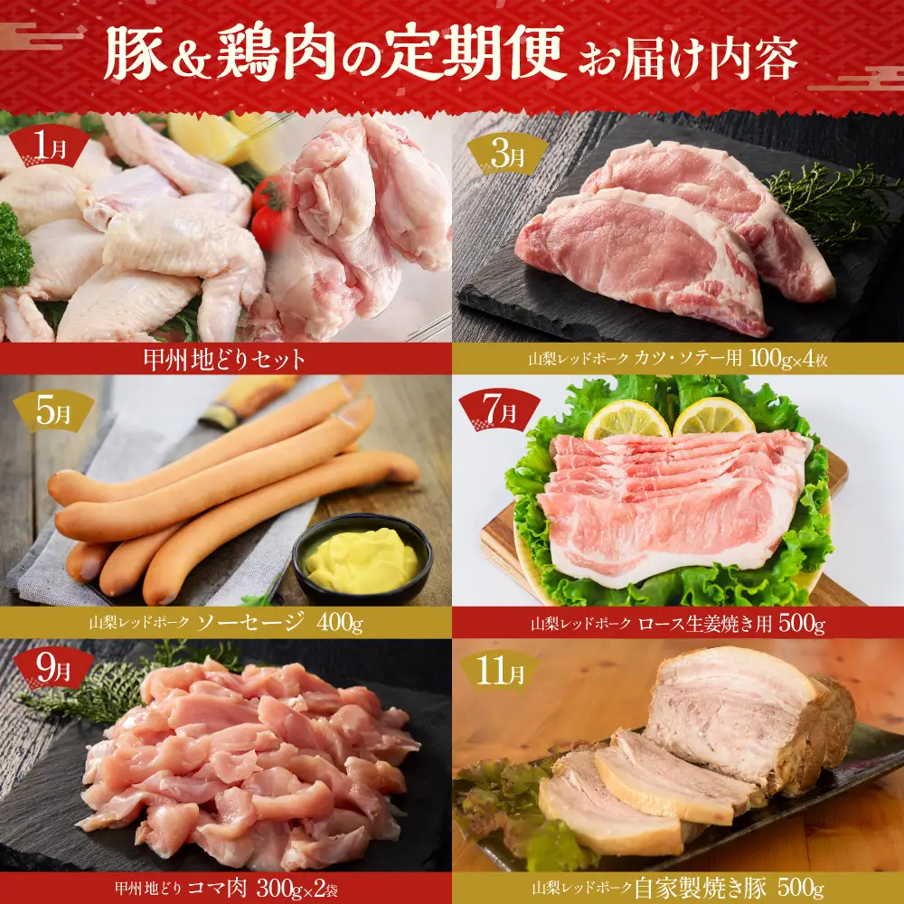【お肉の定期便 6回】山梨レッドポーク・甲州地どり 豚＆鶏肉の定期便 全6回 手羽元 手羽先 地鶏 豚ロース ソーセージ ウィンナー 生姜焼き用 こま切れ 山梨県 甲斐市 Y-18