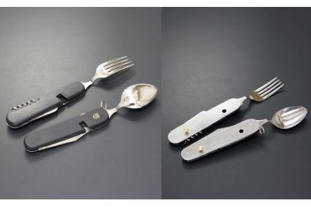 H12-52 国産スプーン・フォーク付 7徳 引割ナイフ【ブラック】（KT-513） ～サバイバル ナイフ 穴開け 栓抜き 缶切り コルク抜き アウトドア マルチツール キャンプ バーベキュー BBQ アウトドア 防災用品にも～