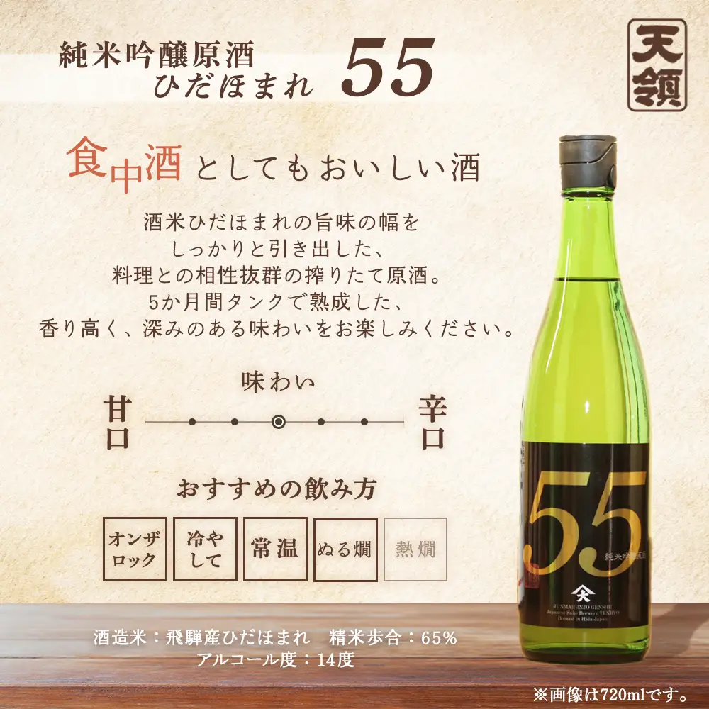 「純米 飲みくらべ」Aセット 純米酒天領（720ml×1本）/純米吟醸原酒ひだほまれ55（720ml×1本）【2-1】