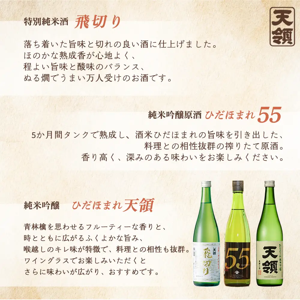 「純米 飲みくらべ」Dセット 純米酒天領（720ml×1本）/特別純米酒 飛切り（720ml×1本）/純米吟醸原酒ひだほまれ55（720ml×1本）/純米吟醸ひだほまれ天領（720ml×1本）/純米酒　『日野屋』（720ml×1本）【2-15】