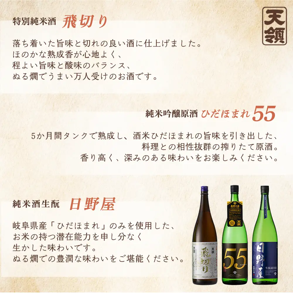 「純米 飲みくらべ」Eセット 特別純米酒 飛切り（1,800ml×1本）/純米吟醸原酒ひだほまれ55（1,800ml×1本）/純米酒『日野屋』 （1,800ml×1本）【2-17】