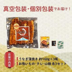 国産鰻蒲焼 3尾 480g うなぎ 鰻