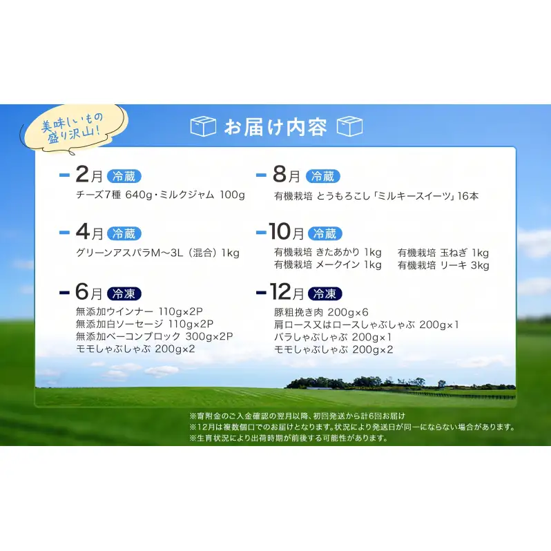 十勝幕別の定期便 お楽しみコース年6回お届け 加工食品 乳製品 チーズ 野菜 とうもろこし じゃがいも 