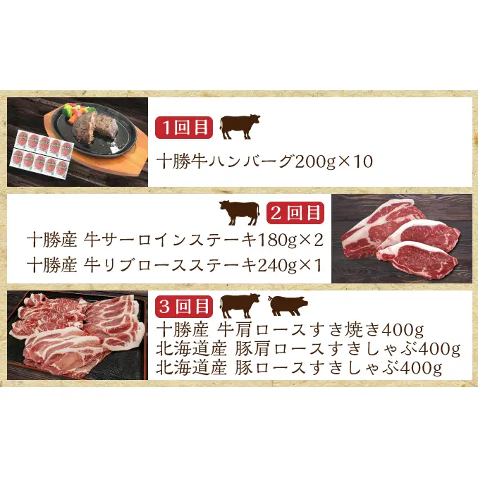 定期便 全3回 北海道産 豚肉 牛肉 セット ハンバーグ