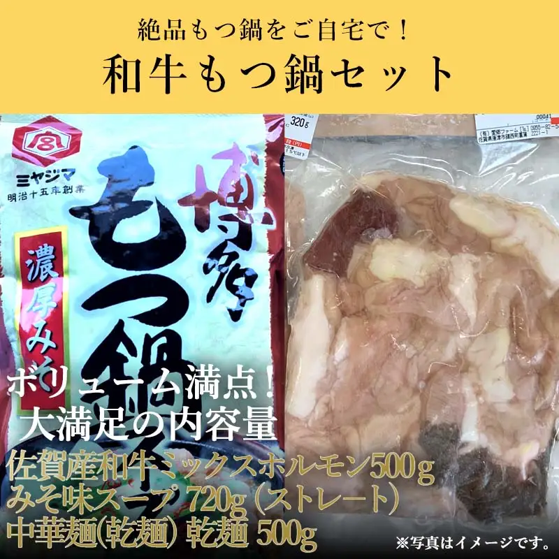 和牛もつ鍋セット 佐賀産和牛ミックスホルモン500ｇ 濃厚みそ味ス－プ 乾麺 (3～4人前)