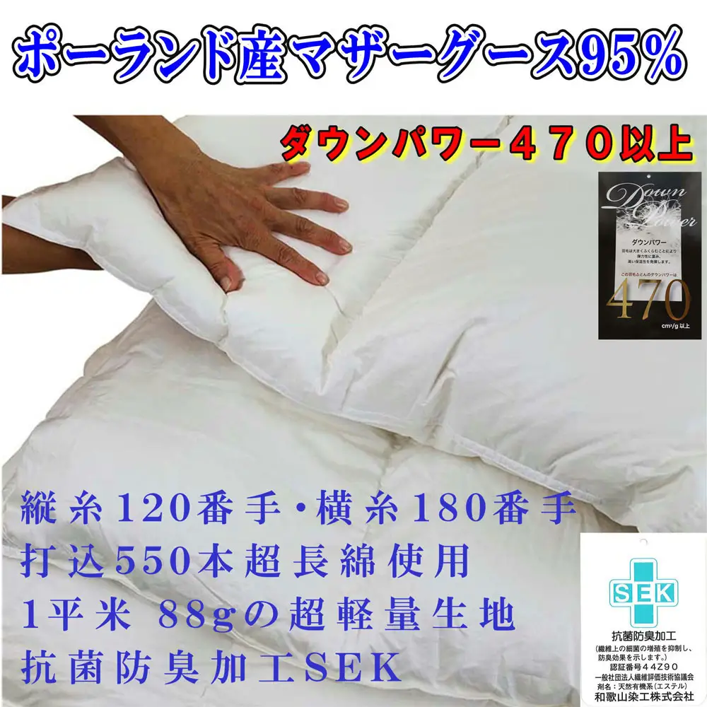 【羽毛布団 】 掛け布団 セミダブル ポーランド産マザーグース95% 120番手 ダウンパワー470【BE076】