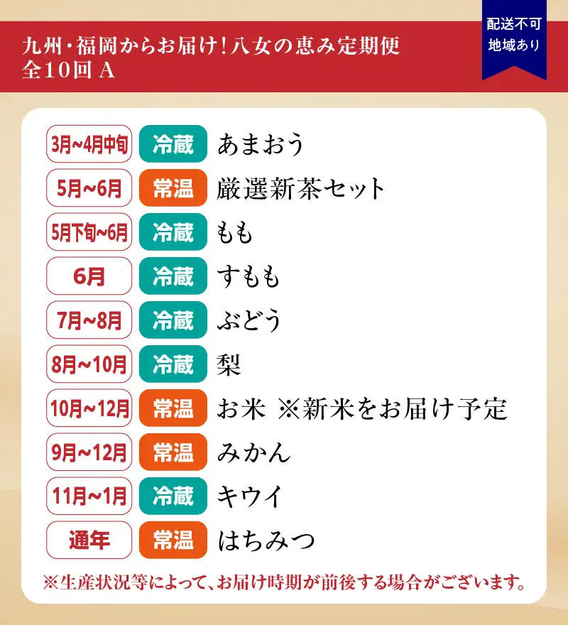 九州･福岡からお届け！八女の恵み定期便【全10回】A ＜配送不可：北海道・沖縄・離島＞ フルーツ 定期便 もも すもも ぶどう 梨 みかん キウイ 米 はちみつ 茶 果物 おすすめ セット 産地直送 福岡県 八女市 072-T031