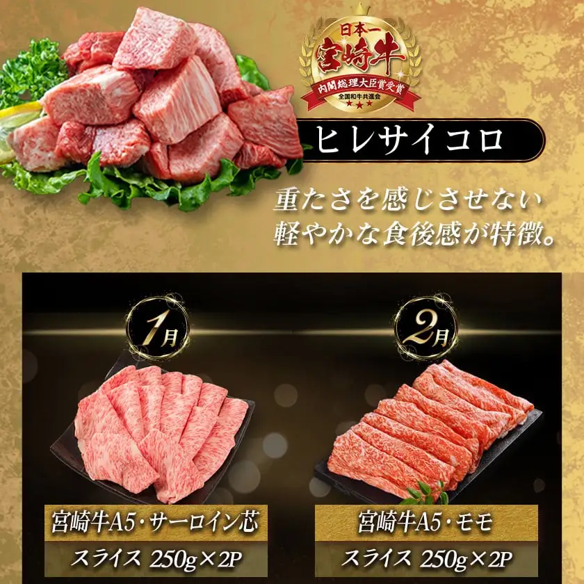 特選(A5)宮崎牛の宝箱 (12ヶ月定期便)〔TAH12-0101〕_(都城市) 宮崎牛 5等級 12ヶ月定期便 サーロイン芯スライス モモスライス シャトーブリアンステーキ 特上モモステーキ ロース焼肉用 ヒレステーキ