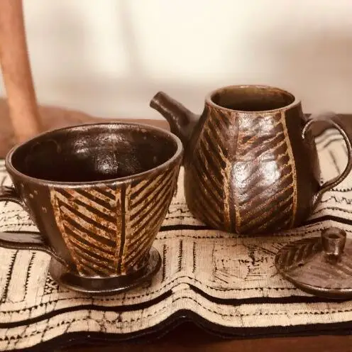 ＜南陶窯＞コーヒードリッパーセット【灰釉・線紋】 ☆ 陶器 やちむん 沖縄 伝統工芸品 珈琲 週末の楽しみ オシャレ コレクション アジアンテイスト ポット 新生活