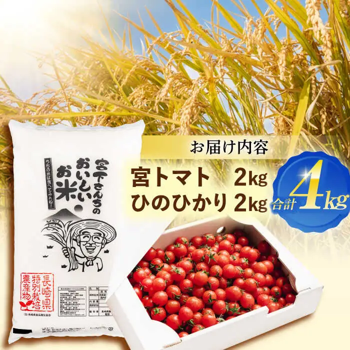 「宮トマト」2kg・特別栽培米「ひのひかり」2kg / トマト とまと ミニトマト プチトマト 野菜 やさい 米 コメ こめ おこめ お米 白米 ひのひかり ヒノヒカリ   / 諫早市 / 株式会社宮下農園[AHCG014]