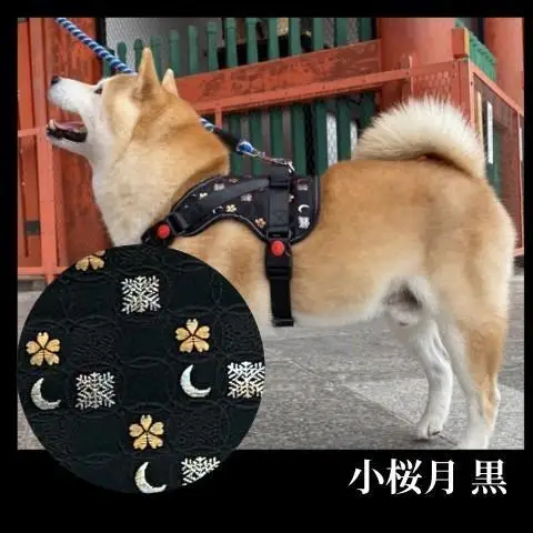 【 京都西陣金襴織 】中型犬ハーネス 華 （小桜月 黒）《柴犬柄コースター付き！》【柴犬コウタのハッピィショップ】［ 犬用ハーネス 背中に乗せてカチッと留めるだけ 胴輪 抜けにくい お正月 お祝い 人気 おすすめ ギフト プレゼント お取り寄せ 通販 送料無料 ふるさと納税 ］