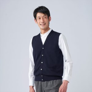 日本製 カシミヤ100% 前開きベスト ネイビー Mサイズ [2622]