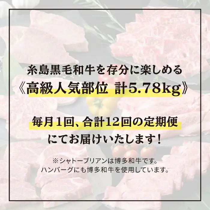 【全12回定期便】 糸島 黒毛和牛 食べ比べ セット 2人前 約 5.7 kg【月1回】 糸島市/糸島ミートデリ工房 [ACA111] 定期便 肉 ランプ シャトーブリアン サーロイン