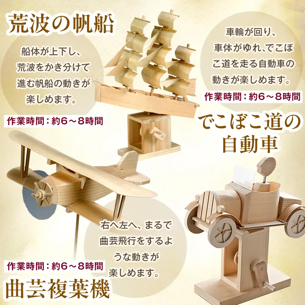 工作キット からくりメカニカルシリーズ お好きなもの２つセット 加賀谷木材 | 木工 体験 遊び おもちゃ 歴史 帆船模型 飛行機模型 自動車模型 DIY 木製 知育 親子 子ども 学習 家族 作る 遊具 北海道 津別町 送料無料