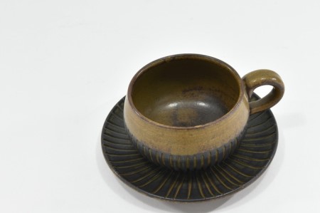 京焼「新羅釉木賊紋コーヒー碗・皿」（黒）１セット〈カップ 食器