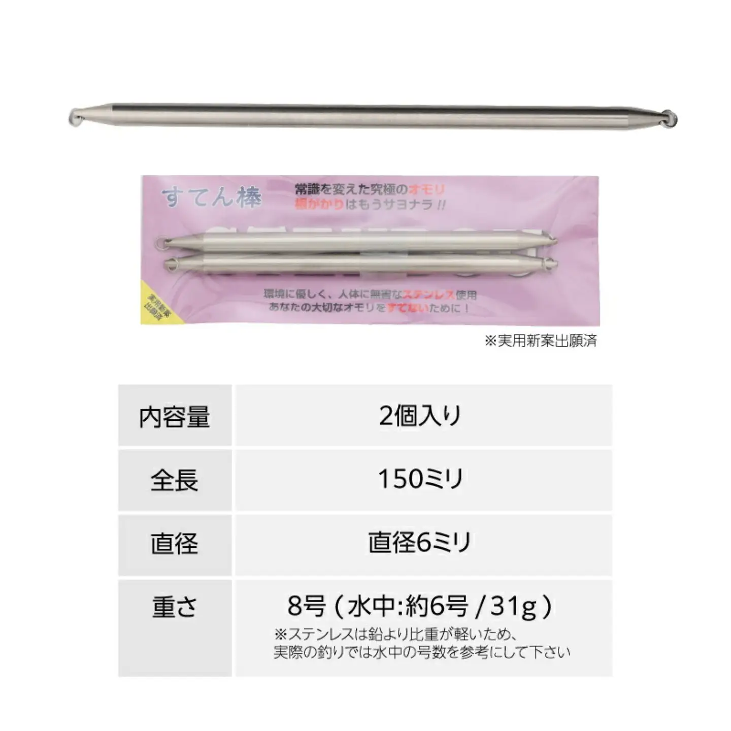 【釣り具】すてん棒　Φ６（直径６ミリ）　３１g　８号　２本セット