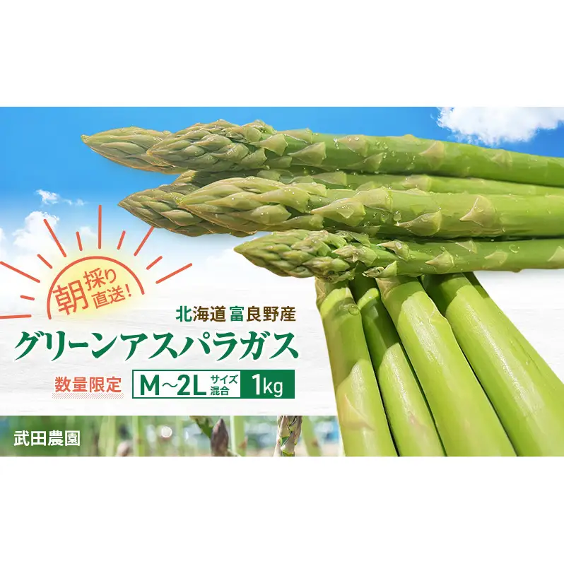 ［武田農園とれたて直送］2027年春～発送 グリーンアスパラ サイズ混合 1kg やわらかくて抜群にあまい！北海道 富良野産 (アスパラガス アスパラ 野菜 新鮮 産地直送 先行予約 限定)