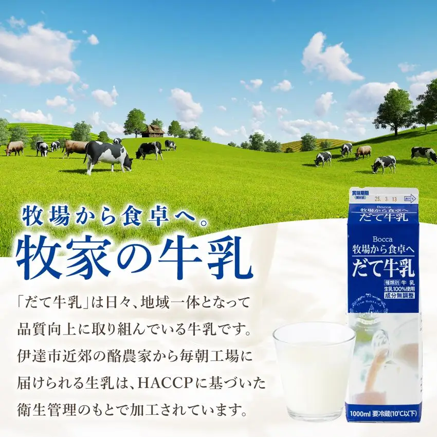 [5525-0417]2ヶ月連続お届け！牧家(Bocca)【ふるさとの味】だて牛乳1L×12本セット