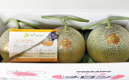 【2026年7月～発送】富良野産 赤肉 メロン ≪ラベンダー付≫ 3玉 計5.4kg以上 北海道 富良野市 (加納農園) メロン フルーツ 果物 新鮮 甘い 贈り物 ギフト 道産 ジューシー おやつ ふらの ブランド 夏