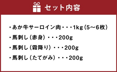 あか牛サーロイン肉1kg（5枚～6枚）馬刺し600g （赤身・霜降り・たてがみ） 食べ比べセット