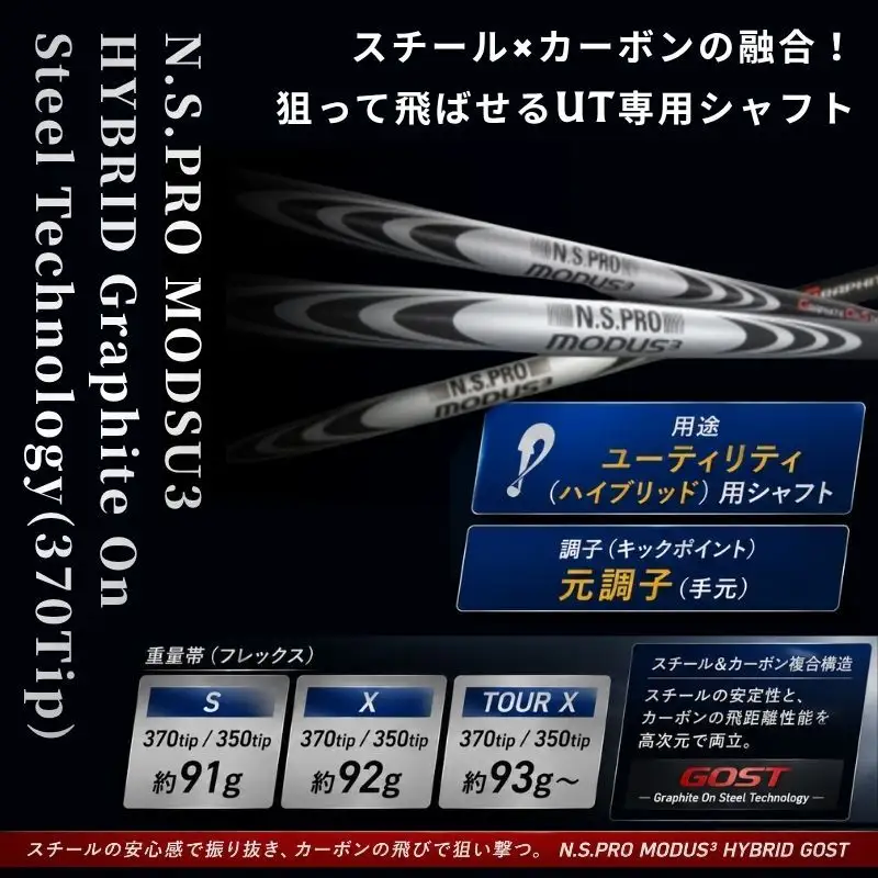 【9月30日受付終了】【日本シャフト】ハイブリッド用「複合シャフト」（N.S.PRO  MODSU3 HYBRID Graphite On Steel Technology）370Tip  G.O.S.T.FLEX-S
