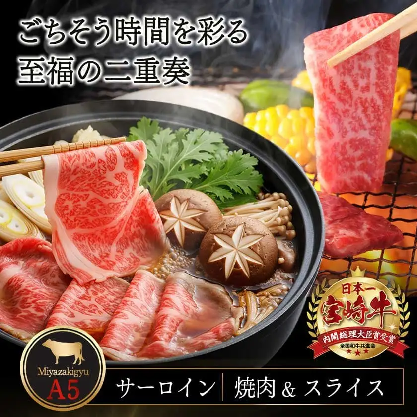 【A5】宮崎牛サーロイン焼肉×スライスギフト1kg【化粧箱入り】〔01-039〕_(都城市) 最高級A5ランク 宮崎牛サーロイン 焼き肉用 サーロインスライス 各500g 化粧箱 牛肉 食べ応え ギフト 贈答用