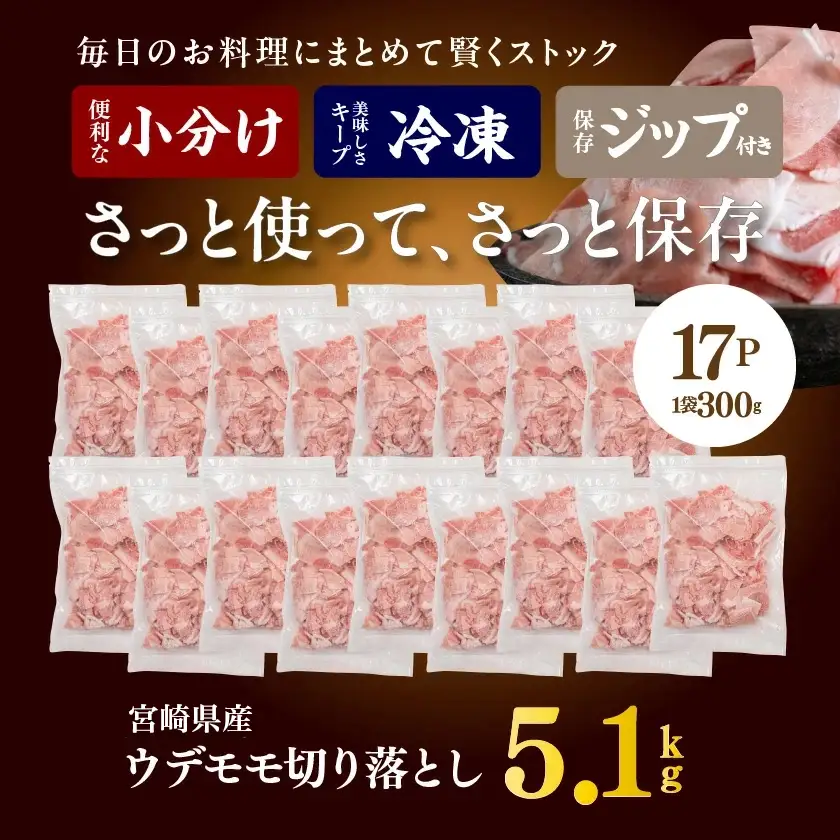 宮崎県産 豚肉切り落とし5.1kg(ジッパー付袋入り)〔18-15-009-5100g〕 豚肉 都城市 イチオシ!!