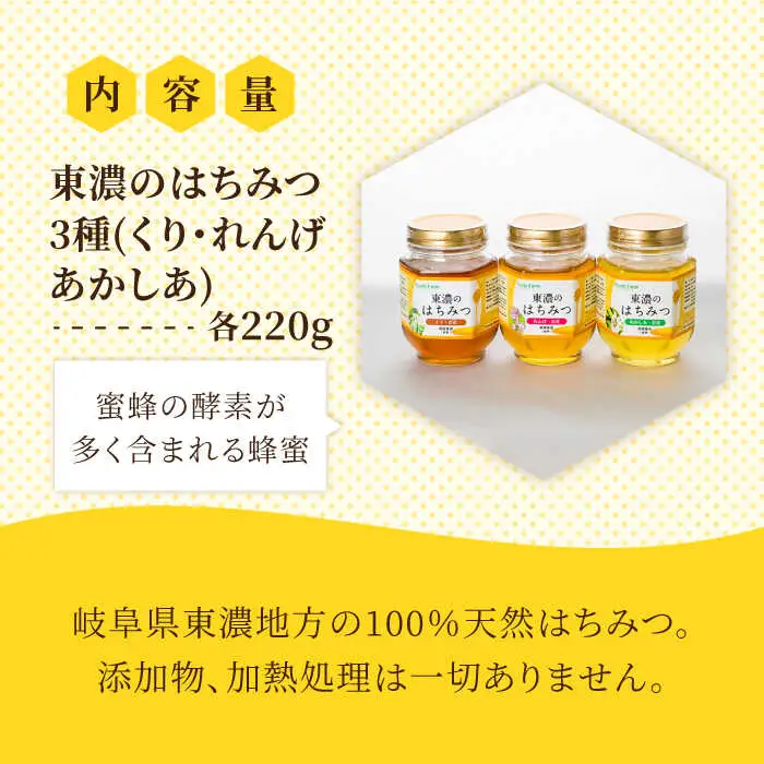 純粋はちみつ 3種ギフトセット計660g 無添加 非加熱 東濃のはちみつ [MAB002]