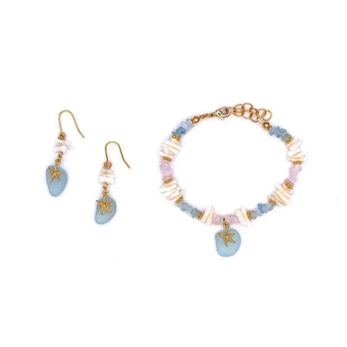 【ブレスレット＆ピアス】Lサイズ｜サンゴとシーグラスのアクセサリーセット