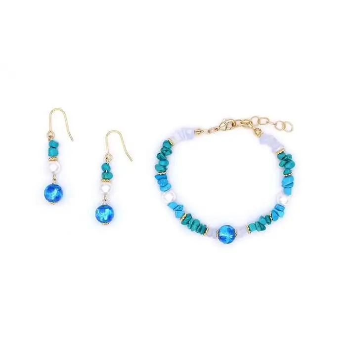 【ブレスレット＆ピアス　ブルー】Sサイズ｜ホタルガラスと天然石のアクセサリーセット