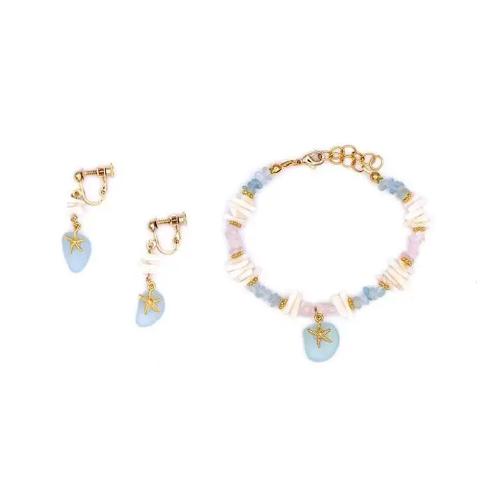 【ブレスレット＆イヤリング】Mサイズ｜サンゴとシーグラスのアクセサリーセット